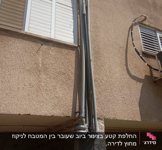 צינורות פלסטיק חיצוניים מחוברים לקיר בניין